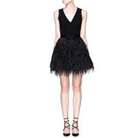 2017 summer dress new style V-neck splicing feather dress women slim fit black dress A-line skirt -
