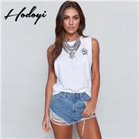 Must-have Street Style Oversized Vogue Printed Scoop Neck Sleeveless White Summer T-shirt Top - Bonn