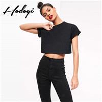 Must-have Oversized Vogue Sexy Simple Scoop Neck One Color Summer Crop Top Essential T-shirt - Bonny