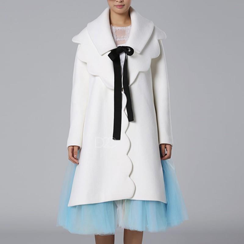My Stuff, 2017 spring new bow petal collar long sleeves side slit white woolen coat jacket women - B