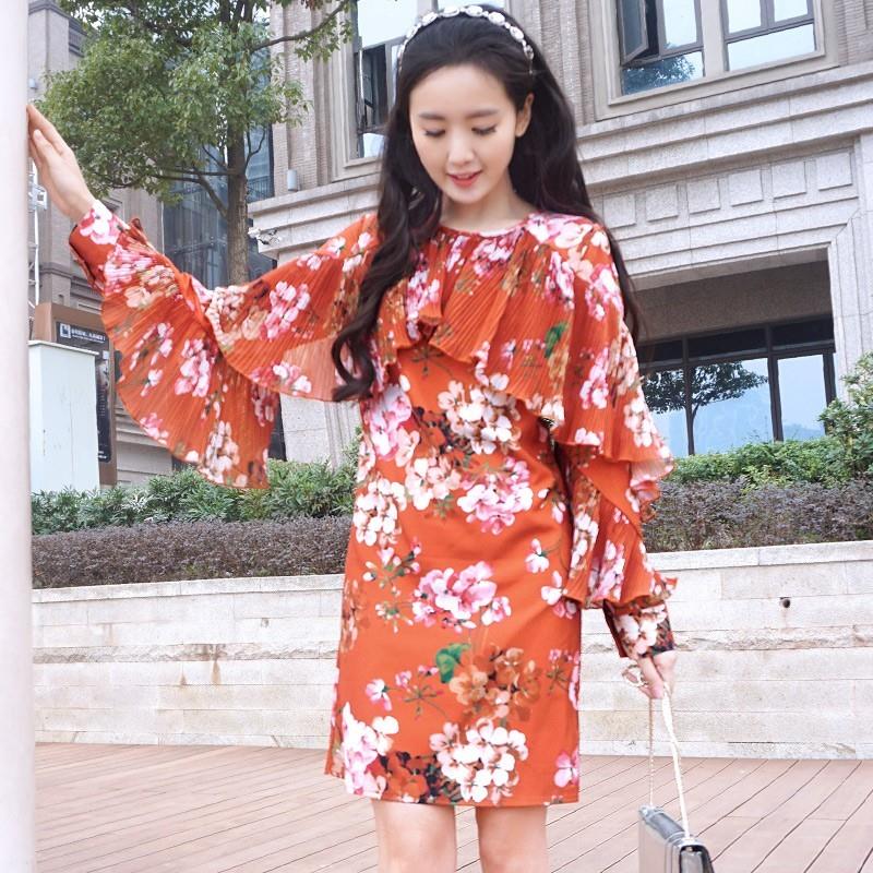 My Stuff, Vintage Printed Frilled Slimming Long Sleeves Chiffon Dress - Bonny YZOZO Boutique Store