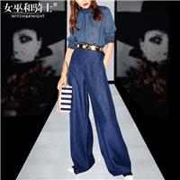 Vogue Simple Slimming High Neck 3/4 Sleeves Summer Outfit Top Flare Trouser Long Trouser - Bonny YZO