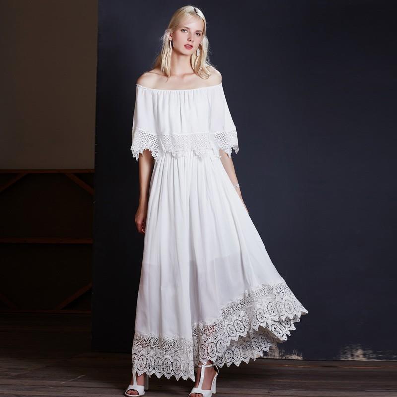 wedding, New sexy summer boat neck dress elegant chiffon lace stitching do not rule long skirt 9406