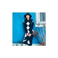 2017 new trends for fall/winter clean retro geometric diamond grid long sleeve dress BQ1505010 - Bon