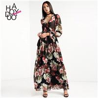 Vogue Sexy Printed V-neck High Waisted Floral Fall Dress - Bonny YZOZO Boutique Store