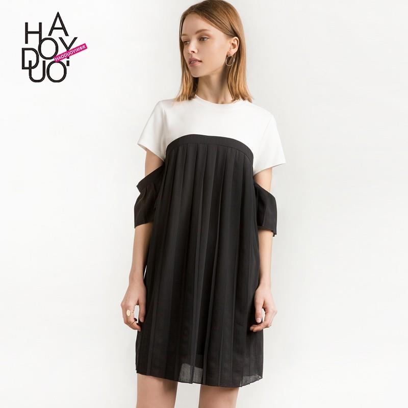 My Stuff, Vogue Solid Color Pleated Short Sleeves Black & White Summer Dress - Bonny YZOZO Boutique