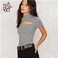 Sexy Hollow Out High Neck Black & White Summer Short Sleeves Stripped T-shirt - Bonny YZOZO Boutique