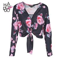 Fall 2017 women new style fashion sexy slim short deep v printed shirt - Bonny YZOZO Boutique Store