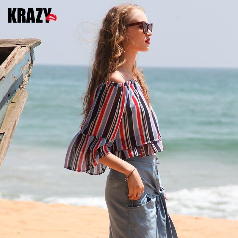 My Stuff, Flare Sleeves Bateau Clolored Striped Fabulous Chiffon Top - Bonny YZOZO Boutique Store