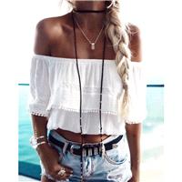 Bohemia Split Front Off-the-Shoulder White Frilled Lace Crop Top Top - Bonny YZOZO Boutique Store