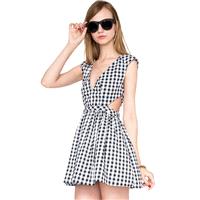 Summer sweet sexy deep v-neck cut black and white Plaid slim waist a-dresses women - Bonny YZOZO Bou