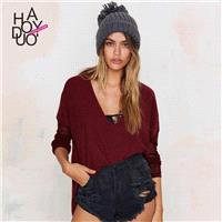 Vogue Sexy Split Asymmetrical V-neck One Color Fall Sweater - Bonny YZOZO Boutique Store