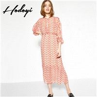 Vogue Simple Seen Through Printed Hollow Out Bishop Sleeves Summer Tie Casual Dress - Bonny YZOZO Bo