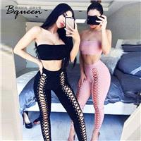 Sexy Hollow Out Slimming High Waisted Crossed Straps Fall Outfit Sleeveless Top Long Trouser Breast