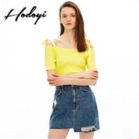 Vogue Sexy Sweet Bateau Off-the-Shoulder Jersey One Color Summer Tie Short Sleeves T-shirt - Bonny Y