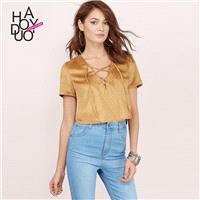 2017 summer dress new fashion retro suede lace v neck short navel-baring women t shirt - Bonny YZOZO