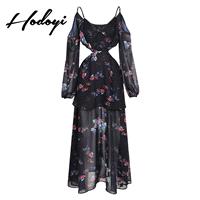 Vogue Sexy Hollow Out Bishop Sleeves V-neck Off-the-Shoulder Floral Summer Strappy Top Dress - Bonny