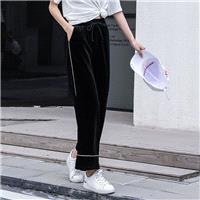 Oversized Slimming Curvy High Waisted Spring Velvet Black Wide Leg Pant Long Trouser Belt - Bonny YZ